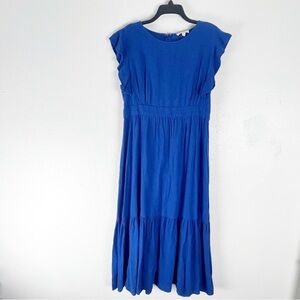 CYNTHIA ROWLEY Blue Linen Blend Short Sleeves Ruffle Details Tier Maxi Dress XL